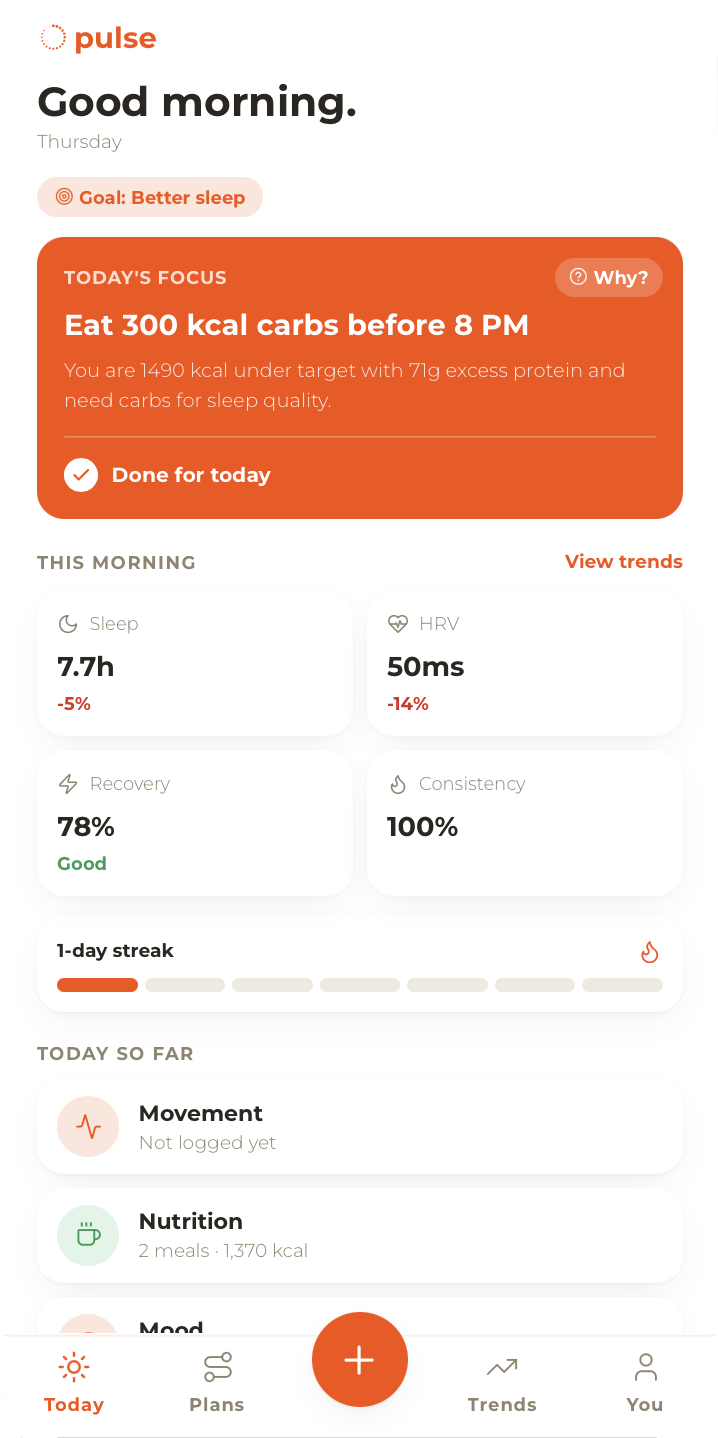 Pulse app — today's focus screen